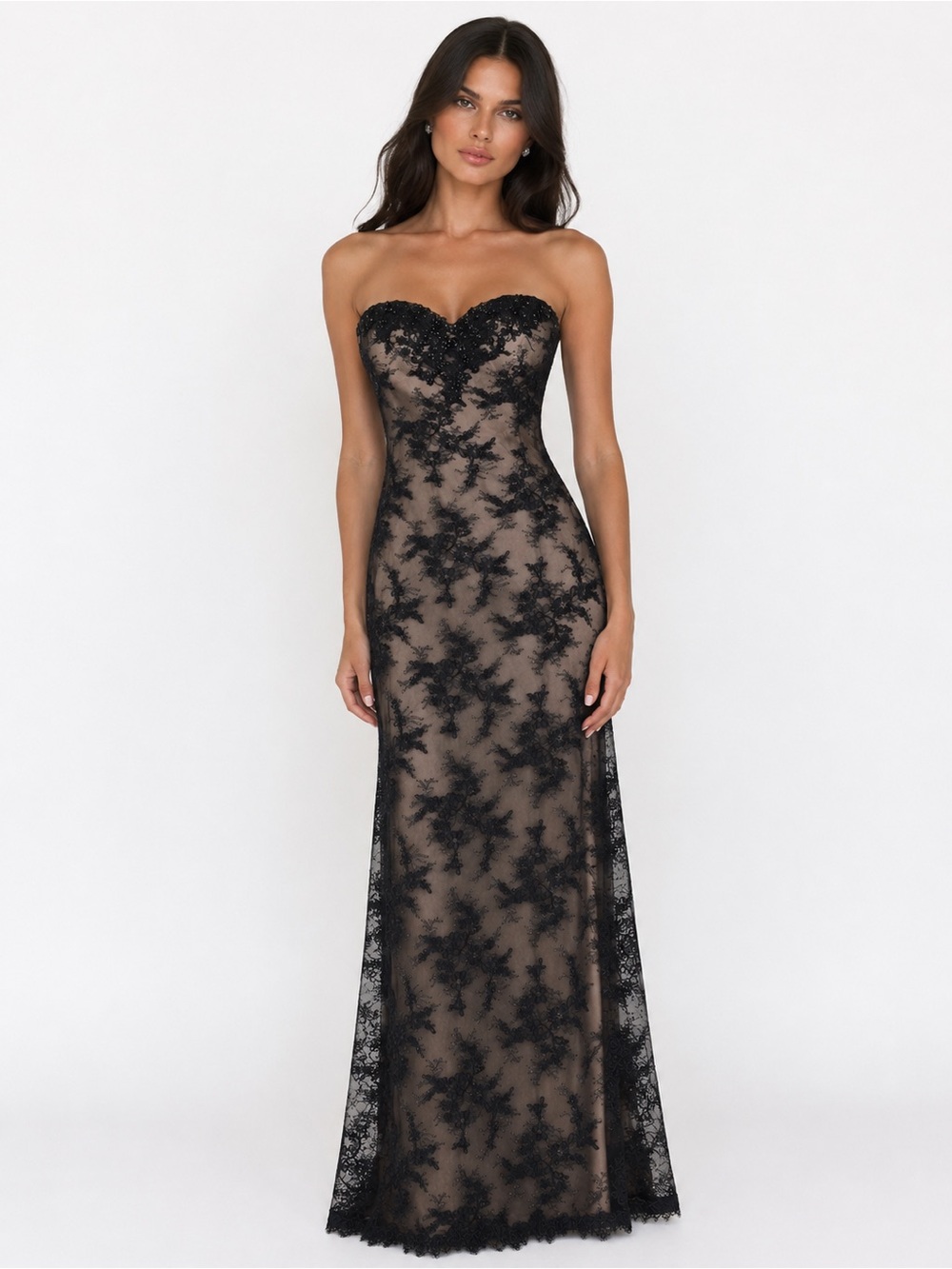 La Femme Black Lace Strapless Sweetheart Gown